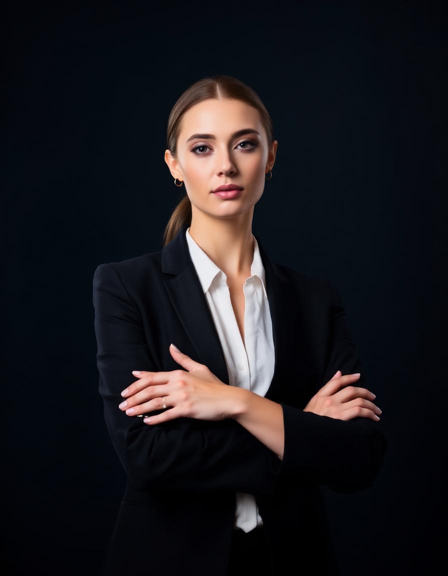 Empreendedora em blazer preto, fotografia editorial